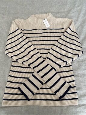 Anthropologie (Lea & Viola) Cream and Navy Striped Mock Neck Sweater, NWT